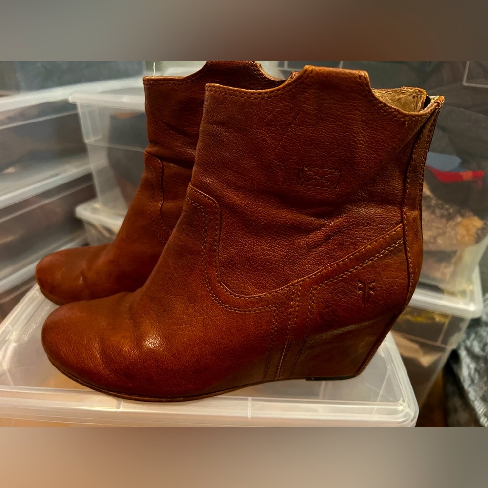 Frye leather wedge booties, color cognac, size 9